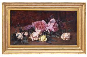 QUADRI ANTICHI, NATURA MORTA CON FIORI DI ROSE ROSA E BIANCHE RECISE, OLIO SU TELA, DELL 800. (QF687)